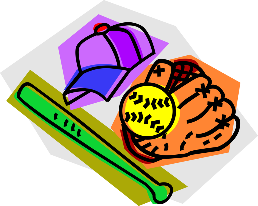 Vector Illustration of American Pastime Sport of Baseball Equipment Glove, Ball, Bat and Cap