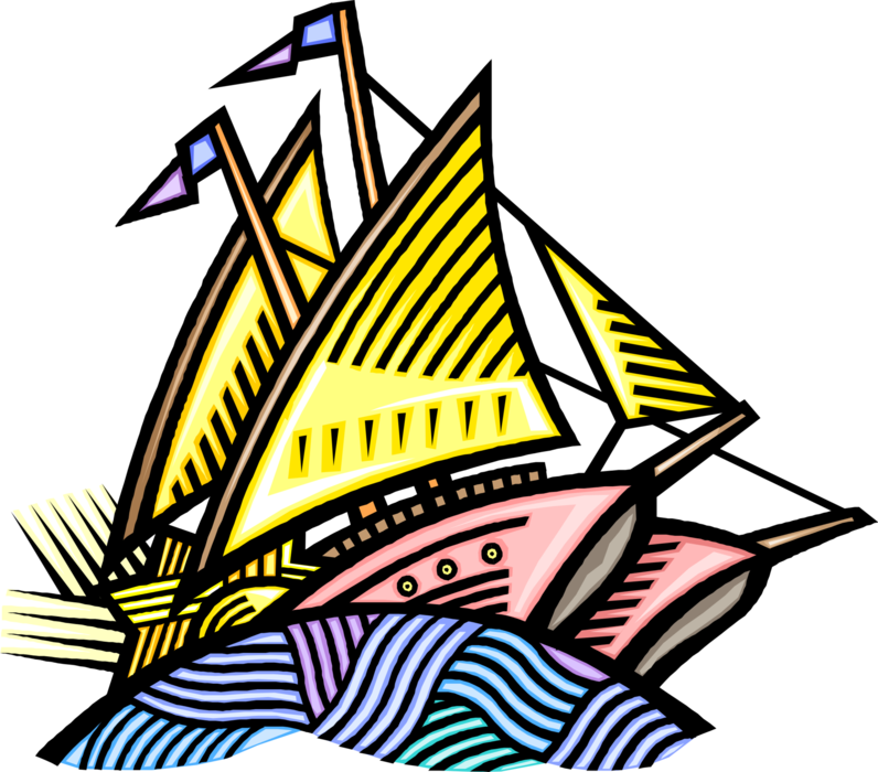 Vector Illustration of Sailing Vessel Ship Under Sail on Ocean Waves