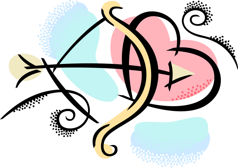 Vector Illustration of Romantic Love Heart with Cupid's Archery Bow and Arrow