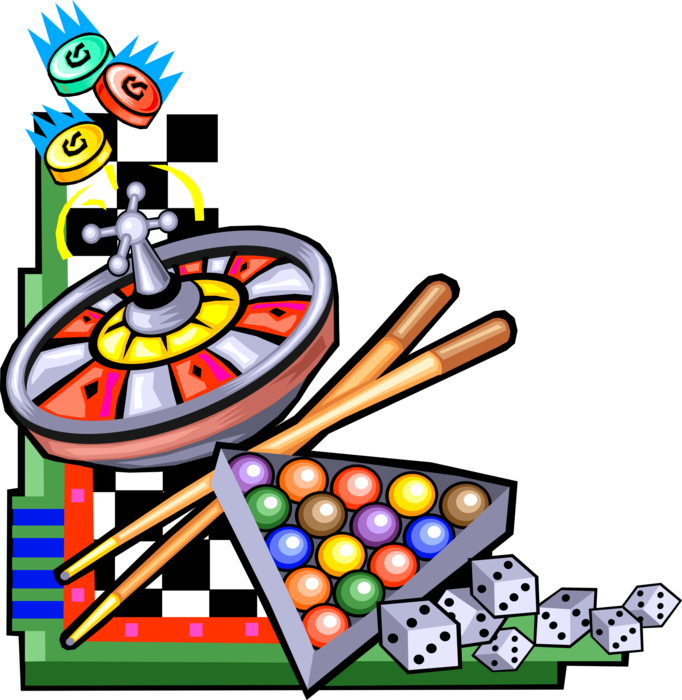 Vector Illustration of Casino Gambling Games of Chance with Roulette Wheel, Dive