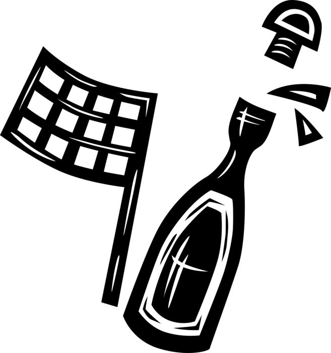 Vector Illustration of Automobile Car Race Winner's Bottle of Champagne and Checkered or Chequered Flag