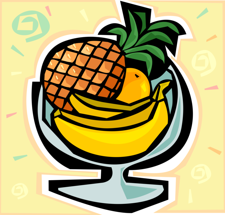 Vector Illustration of Bowl of Fruit with Pineapple, Orange and Bananas
