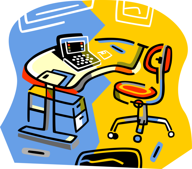 Vector Illustration of Office Desk with Chair and Personal Computer System