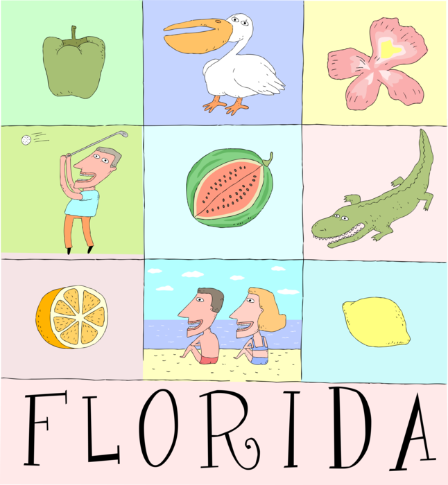 Vector Illustration of Florida Postcard with Pelican, Golfer, Alligator, Citrus Fruit and Tourists on Beach