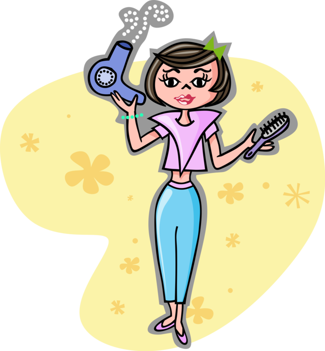 Vector Illustration of Young Woman with Hair Dryer and Hair Brush