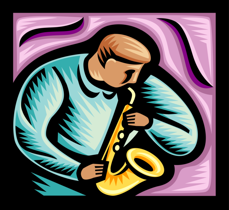 Vector Illustration of Musician Plays Saxophone Brass Single-Reed Mouthpiece Woodwind Instrument