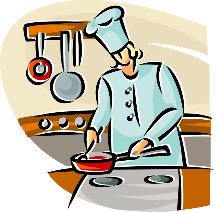 Vector Illustration of Restaurant Chef Preparing Meal in Frying Pan