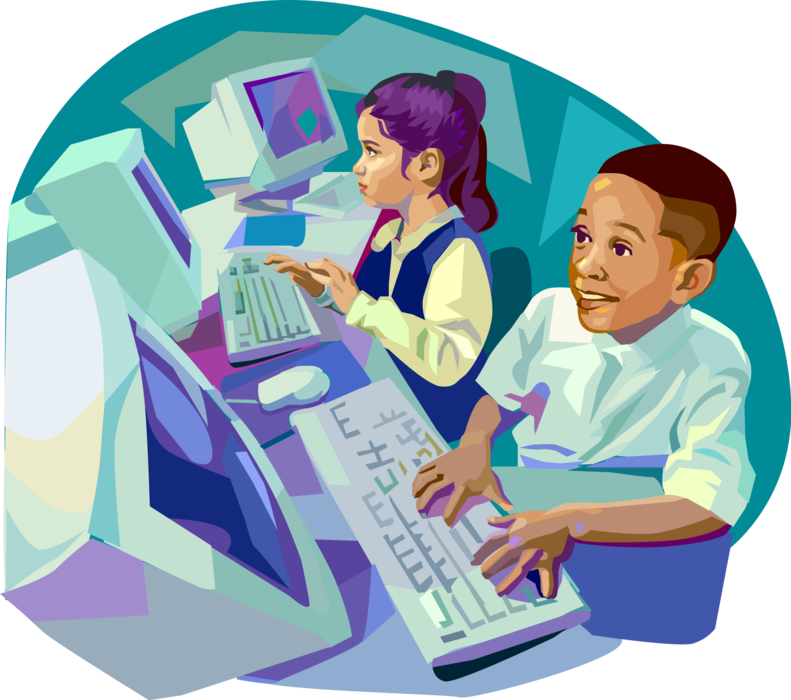 Vector Illustration of Children at School in Computer Science Class Surf the Internet