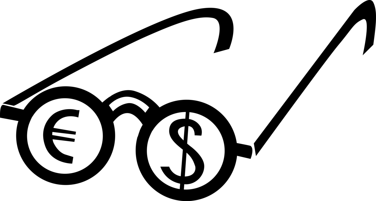 Vector Illustration of Financial Concept Eyeglasses with Euro and Dollar Sign Currency Symbols