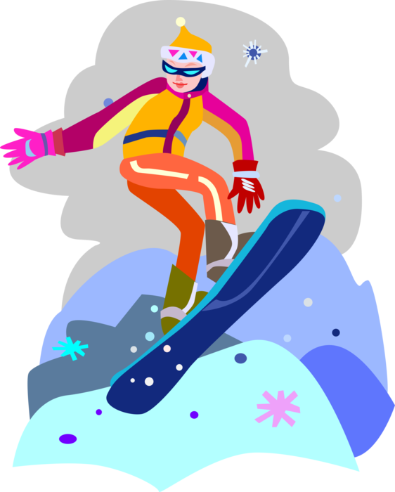 Vector Illustration of Snowboarder on Snowboard Snowboarding on Snow-Covered Slopes in Winter
