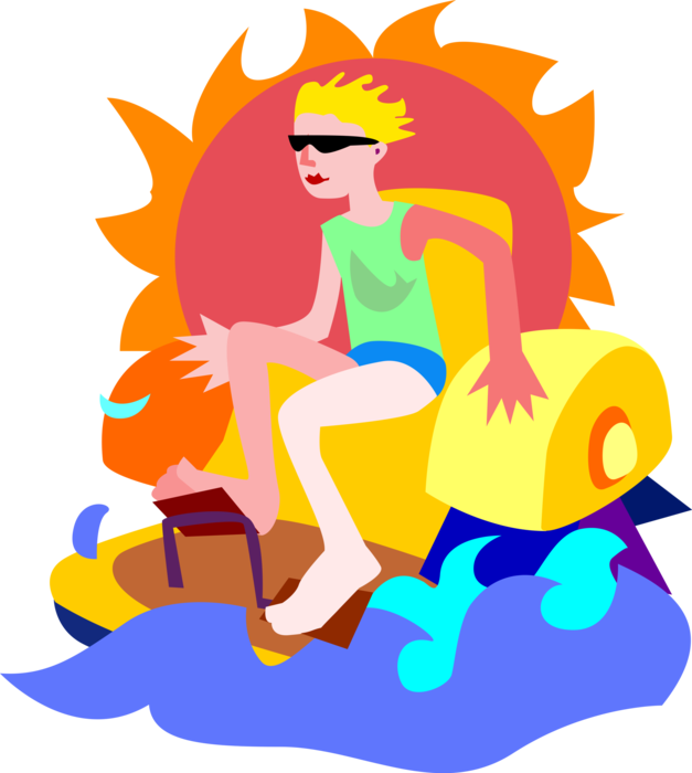 Vector Illustration of Hot Sunny Summer Day at the Beach with Pedal Paddleboat on Ocean 