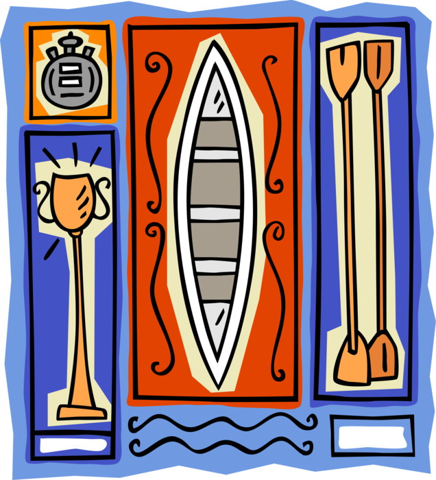Vector Illustration of Sculling Watercraft Boat with Paddles, Stopwatch and Trophy