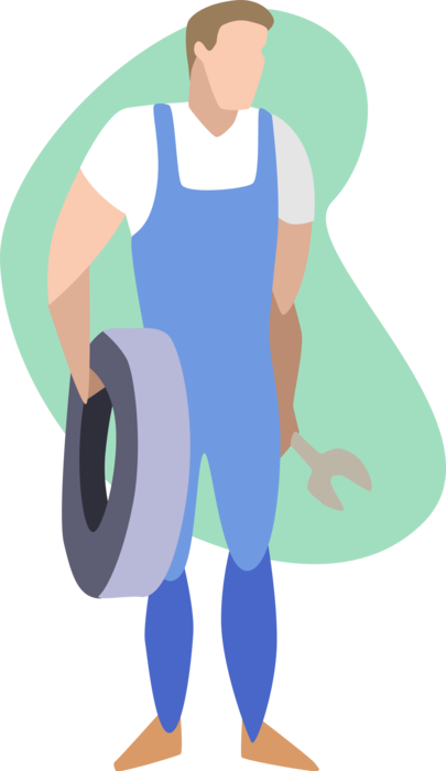 Vector Illustration of Automotive Mechanic with Automobile Motor Vehicle Car Tire and Wrench