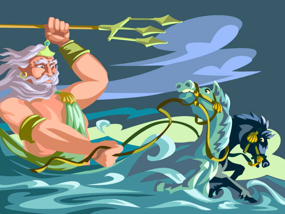 Vector Illustration of Greek Mythology Poseidon, God of the Sea with Trident Spear and Chariot Horses 