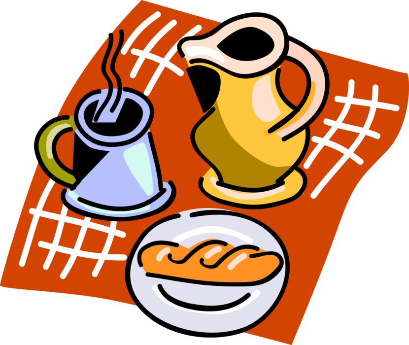 Vector Illustration of Breakfast Danish Pastry, Coffee Mug and Coffee Pot