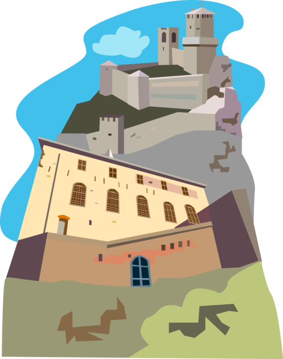 Vector Illustration of Fortress of Guaita, Piazza della Liberta, at Monte Titano, San Marino, Italy
