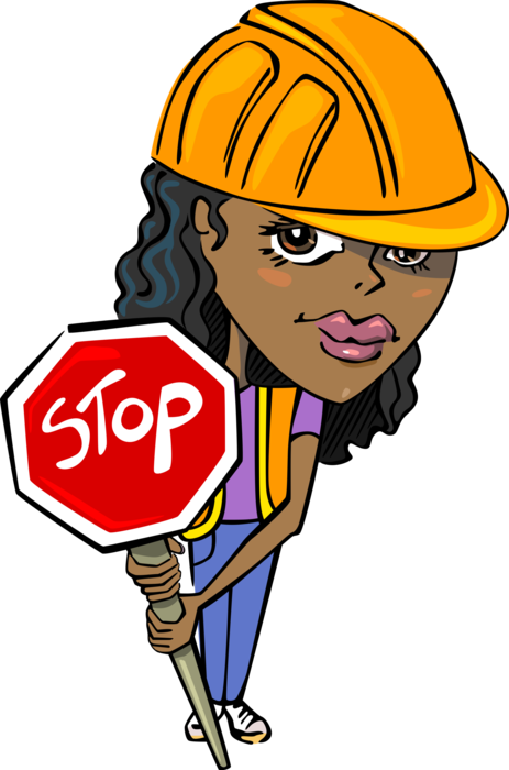 Vector Illustration of Road Crew Worker Holds Stop Sign to Control Traffic in Construction Zone