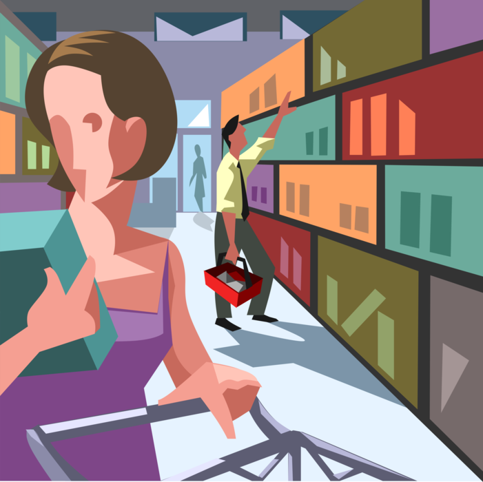 Vector Illustration of Supermarket Shoppers Shopping in Grocery Store