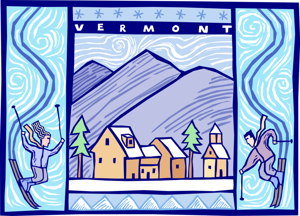 Vector Illustration of Vermont with Alpine Downhill Skiers Skiing and Mountain Resorts