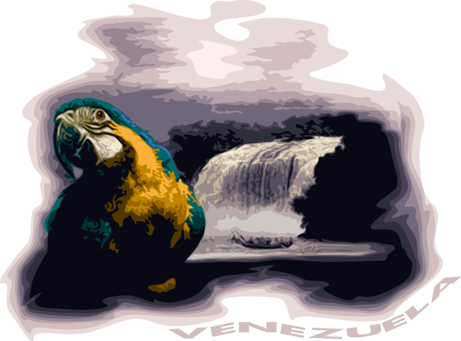 Vector Illustration of Venezuela South American Macaw Parrot and Aponguao Waterfall, Gran Sabana