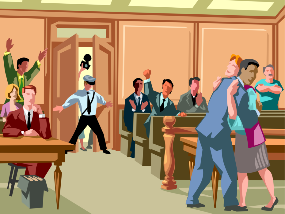 Vector Illustration of Attorney Lawyer and Client Celebrate Verdict in Court or Law Courtroom