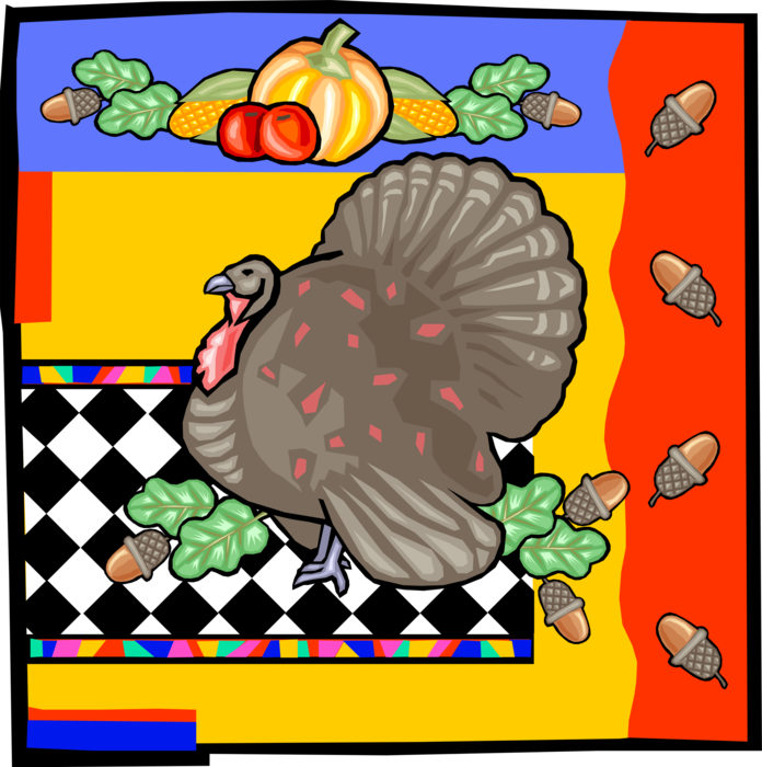 Vector Illustration of Thanksgiving Turkey with Fall Harvest Acorns, Squash, and Corn Husks