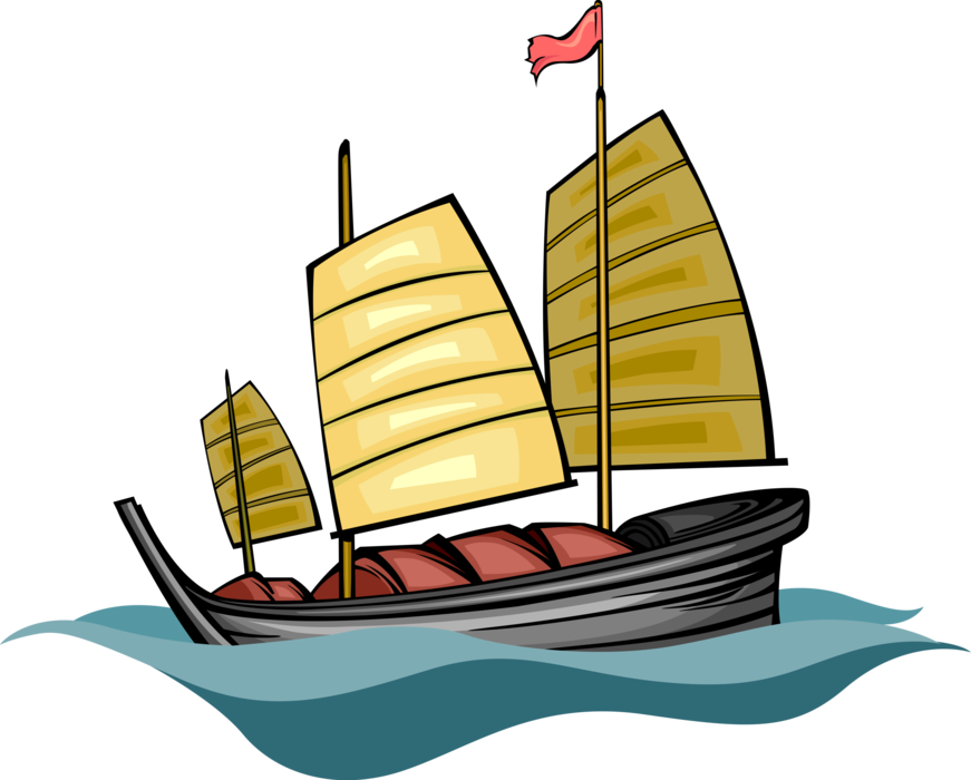 Vector Illustration of Chinese Junk Sailing Seagoing Vessel Ship