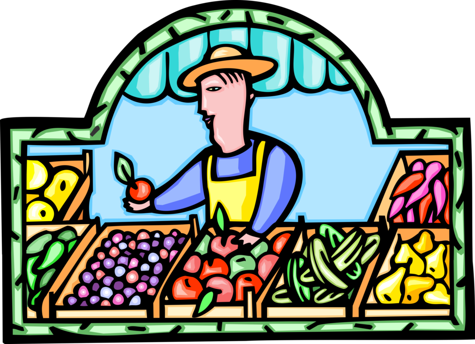 Vector Illustration of Outdoor Fresh Fruit and Vegetable Market Stand with Local Farmer Vendor