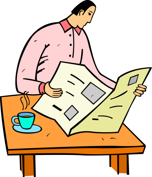 Vector Illustration of Man Reads Newspaper Current Events with Cup of Coffee