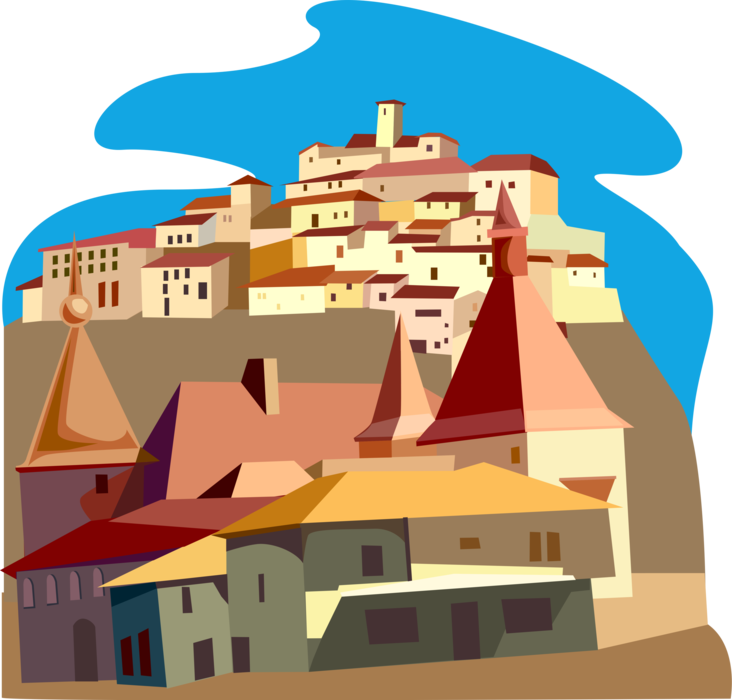 Vector Illustration of France and Italian Village Architecture Buildings in Contrast