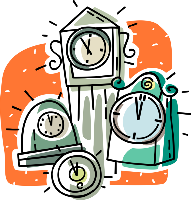 Vector Illustration of Timepiece Clocks Measure Progression of Existence and Passage of Time