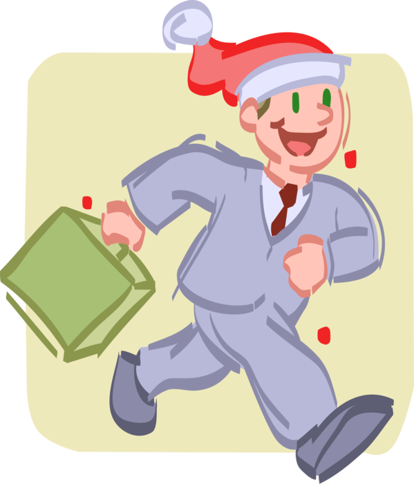Vector Illustration of Businessman Walking to Work at Christmas Time with Santa Hat
