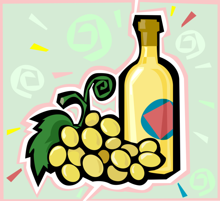 Vector Illustration of Bottle of White Wine with Fruit Grapes