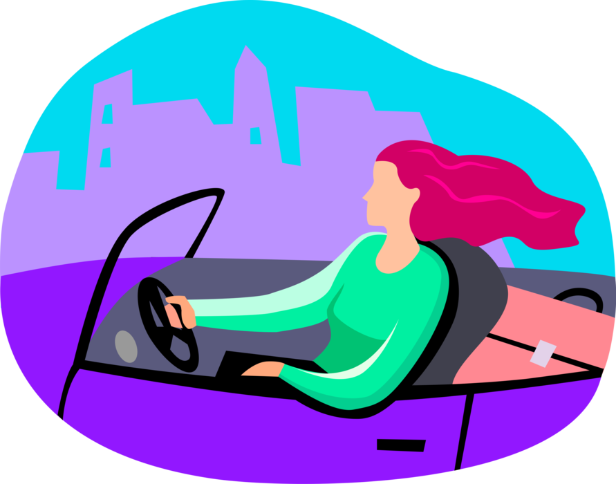 Vector Illustration of Woman Driving Convertible Automobile Motor Vehicle Car