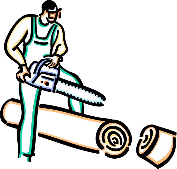 Vector Illustration of Forestry Industry Lumberjack with Chainsaw Cuts Tree Log
