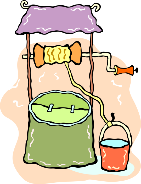 Vector Illustration of Bucket of Water and Well Accesses Groundwater in Underground Aquifers