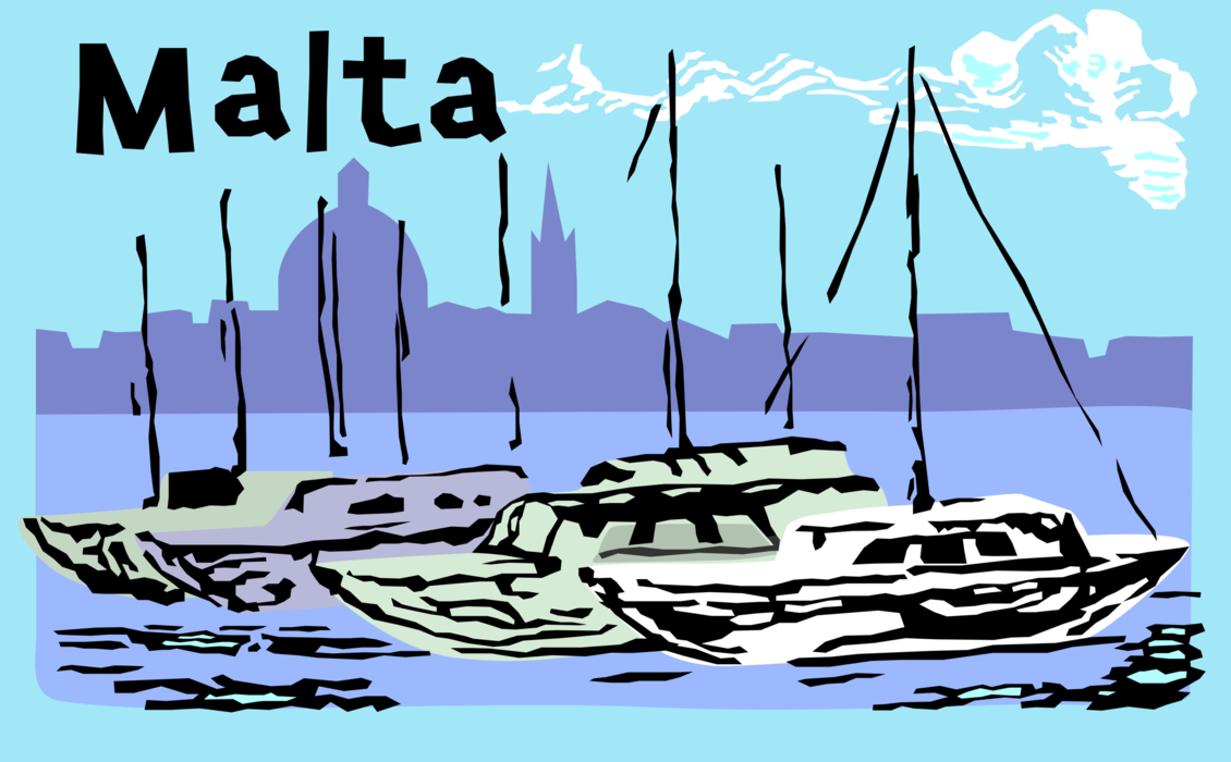 Vector Illustration of Malta Cityscape Horizon with Yachts and Harbor