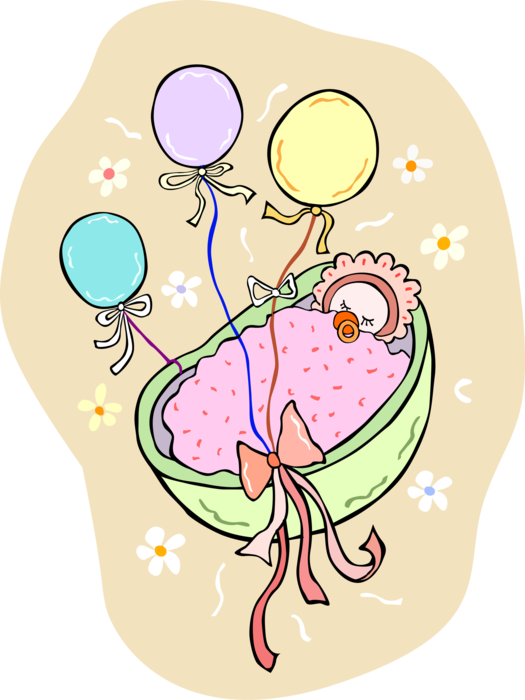 Vector Illustration of Newborn Infant Baby in Bassinet Cradle Bed with Balloons