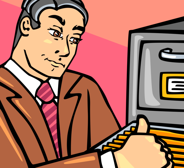 Vector Illustration of Office Worker Searches for Project File in Filing Cabinet