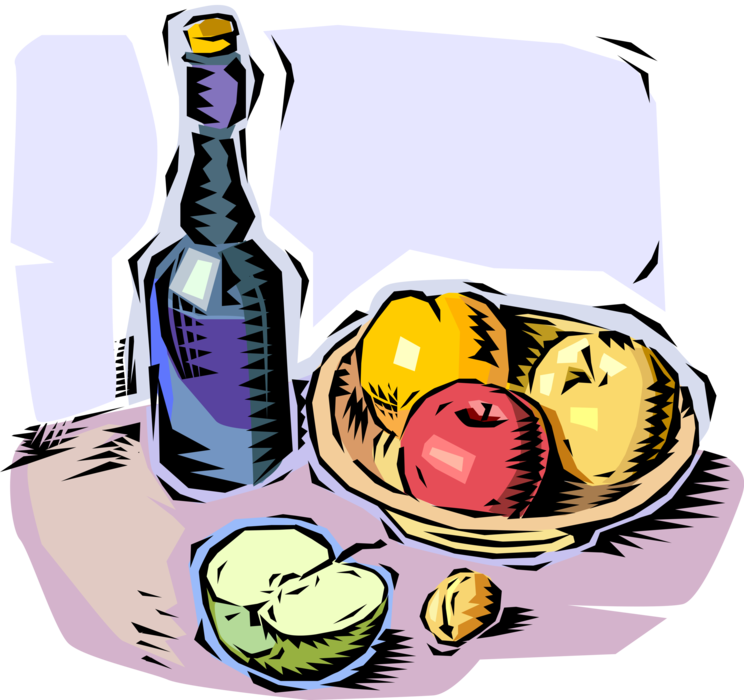 Vector Illustration of Fruit Bowl with Apples and Bottle with Cork