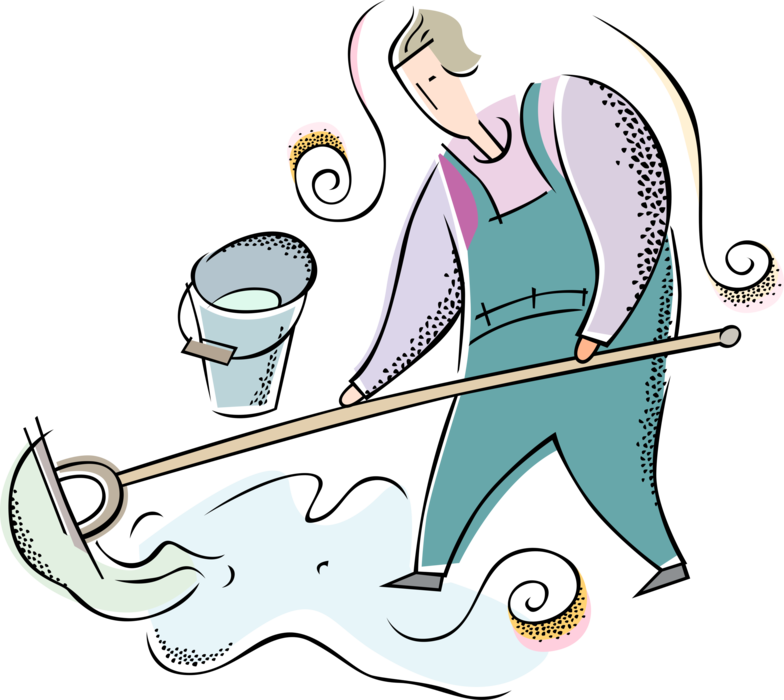 Vector Illustration of School Janitor Custodian with Mop and Pail Cleans the Floor