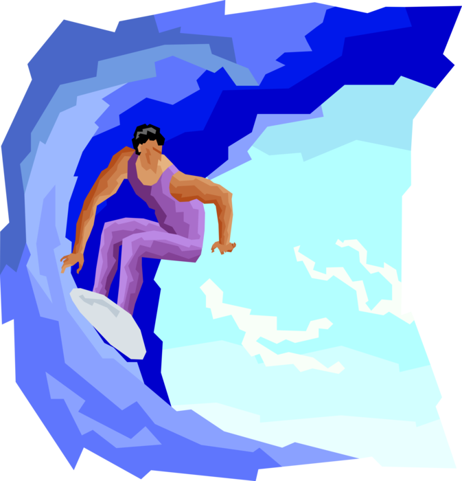 Vector Illustration of Surfer Tube Riding While Surfing Waves with Surfboard