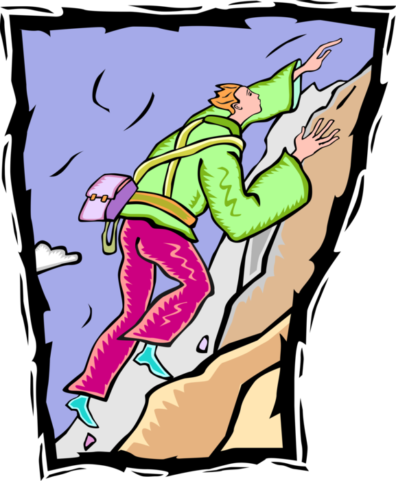 Vector Illustration of Mountaineer Mountain Climber in Difficult Uphill Climb