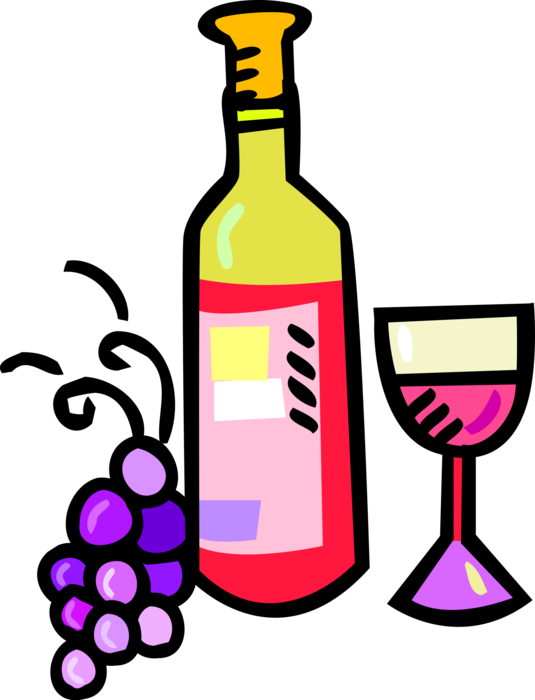 Vector Illustration of Alcohol Beverage Wine Bottle, Glass of Wine and Fruit Grapes