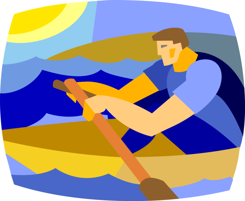 Vector Illustration of Rower Rowing Boat in Water with Oars