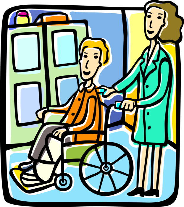 Vector Illustration of Health Care Nurse Pushing Patient with Broken Leg in Wheelchair