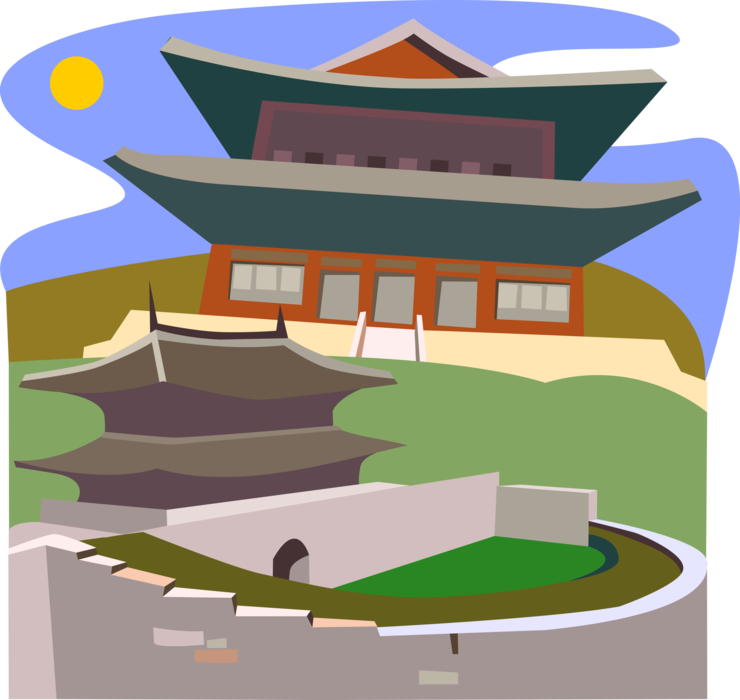 Vector Illustration of Gyeongbokgung Palace, Hwaseong Fortress, Gyeonggi-do, South Korea