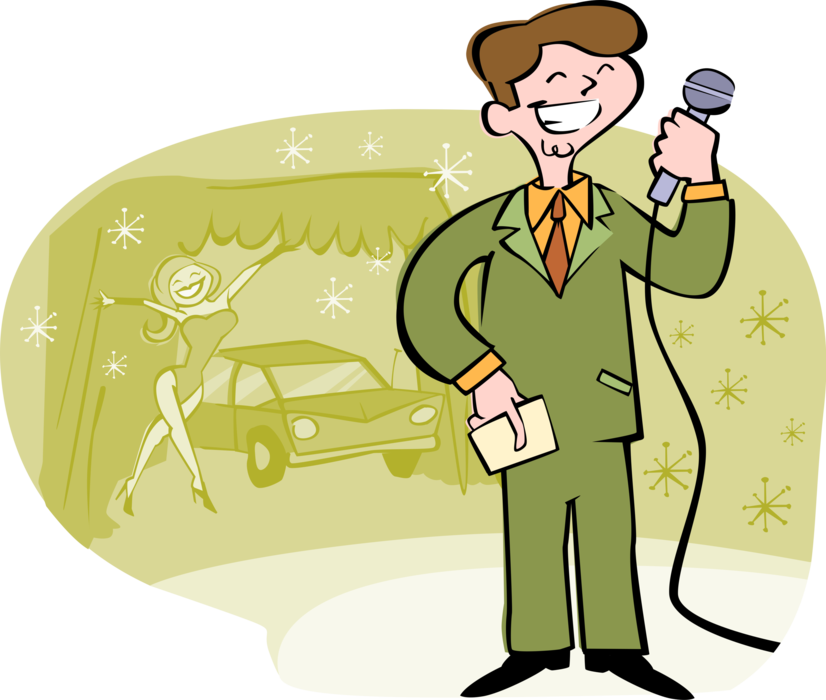 Vector Illustration of Game Show Television Host with Microphone and Free Car Giveaway