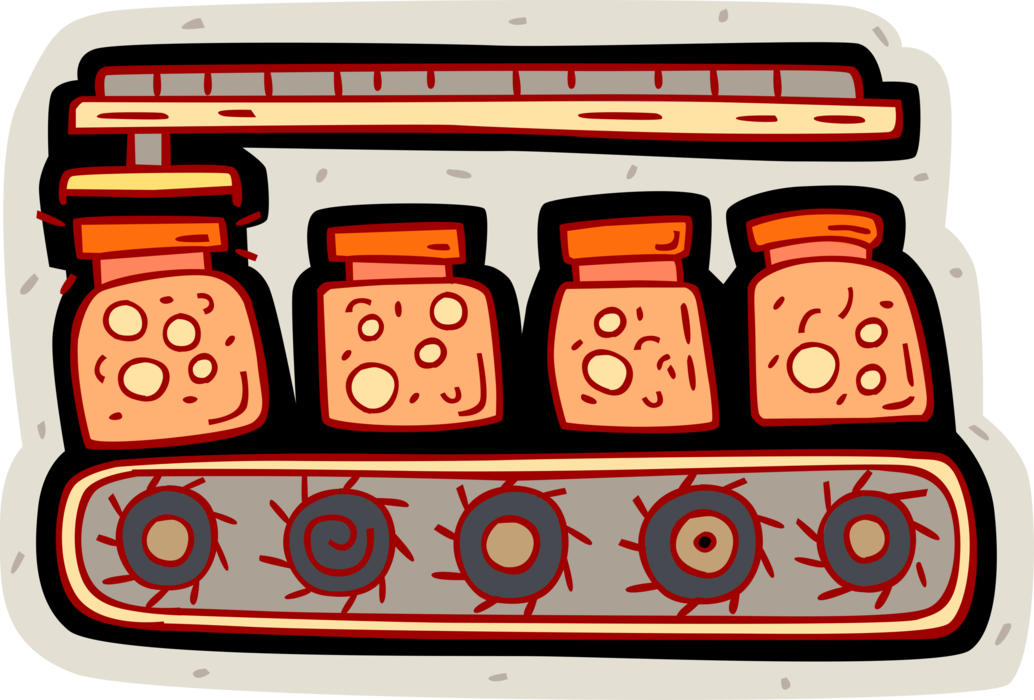 Vector Illustration of Homemade Preserves on Assembly Line Conveyor Belt