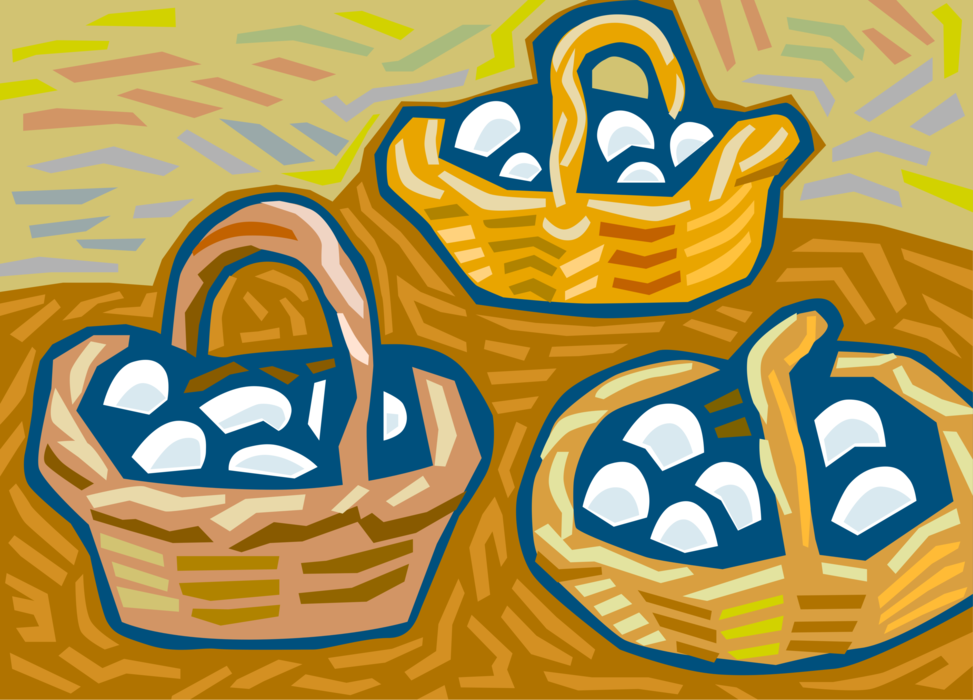 Vector Illustration of Baskets of Farm Fresh Eggs Laid by Chicken Hens